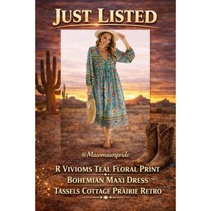 R Vivioms Teal Floral Print Bohemian Maxi Dress Tassels‎ Cottage Prairie  Retro